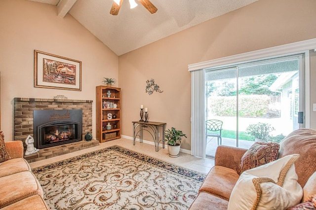 6365 N Barcus Ave, Fresno, CA 93722 - living room with a ceiling fan, a fireplace, and baseboards