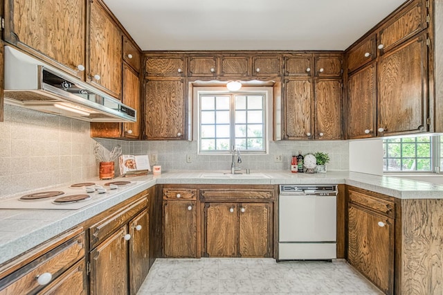 kitchen featuring white appliances, a sink, healthy amount of natural light, and under cabinet range hood