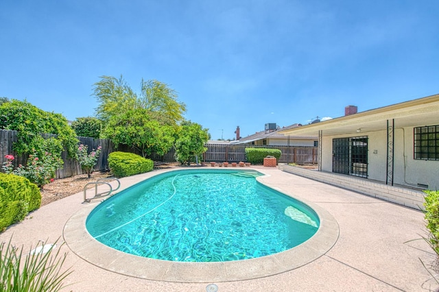 view of swimming pool featuring a fenced backyard and a patio
