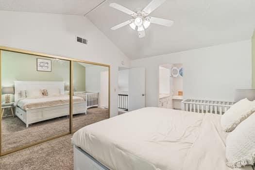 bedroom with carpet floors, lofted ceiling, a closet, and a ceiling fan