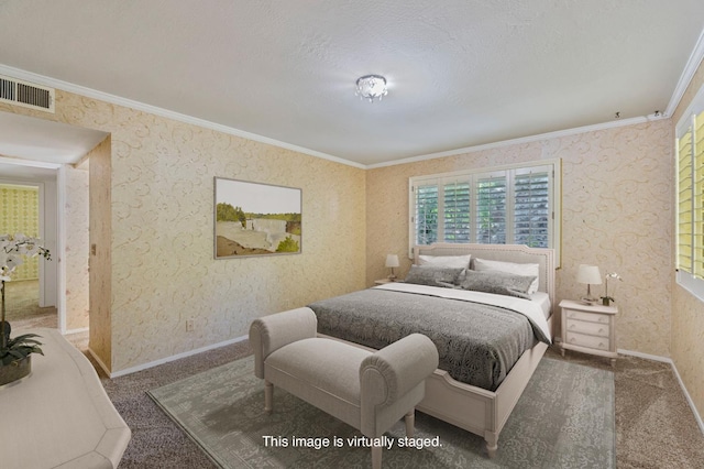 bedroom featuring ornamental molding, baseboards, carpet floors, and wallpapered walls