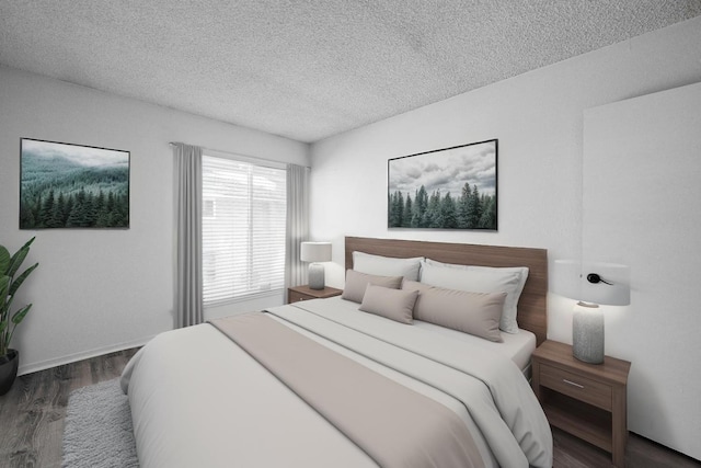 bedroom with wood finished floors, a textured ceiling, and baseboards