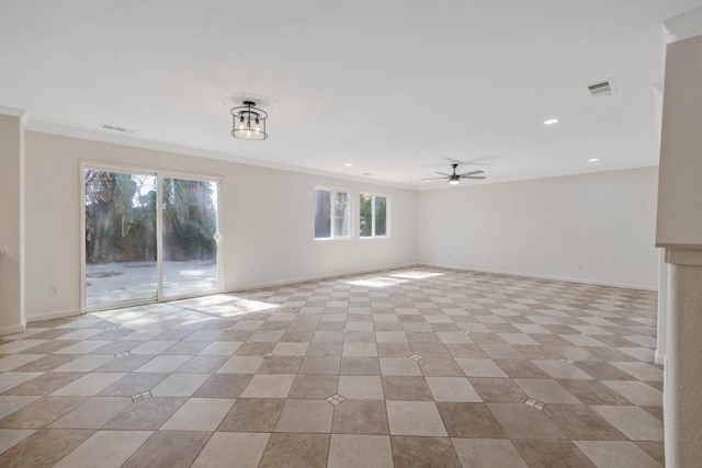 3225 N Mendonca St, Visalia, CA 93291 - spare room featuring crown molding, a ceiling fan, baseboards, recessed lighting, and light tile patterned flooring
