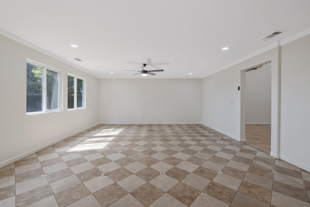 3225 N Mendonca St, Visalia, CA 93291 - empty room featuring crown molding, recessed lighting, ceiling fan, and baseboards