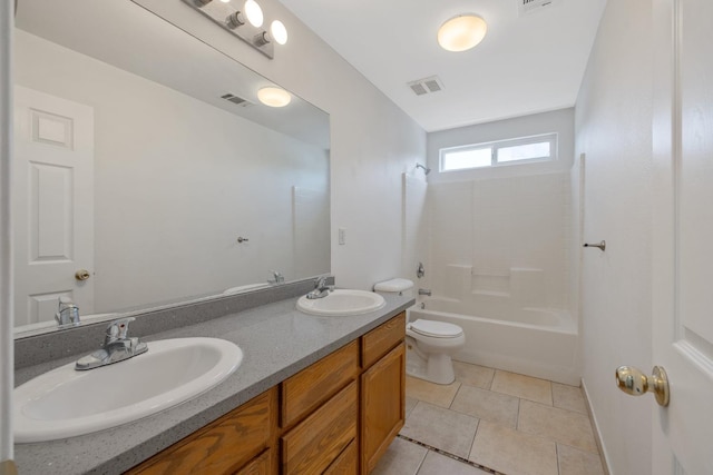3225 N Mendonca St, Visalia, CA 93291 - bathroom with toilet, tile patterned flooring, double vanity, and bathtub / shower combination
