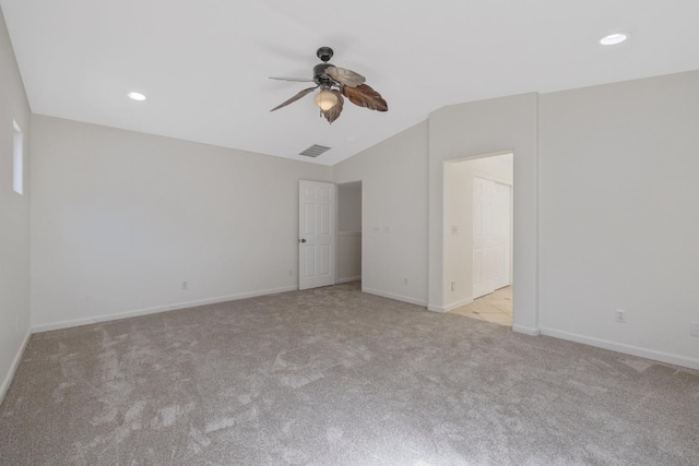 3225 N Mendonca St, Visalia, CA 93291 - unfurnished bedroom with carpet floors, baseboards, vaulted ceiling, recessed lighting, and a ceiling fan