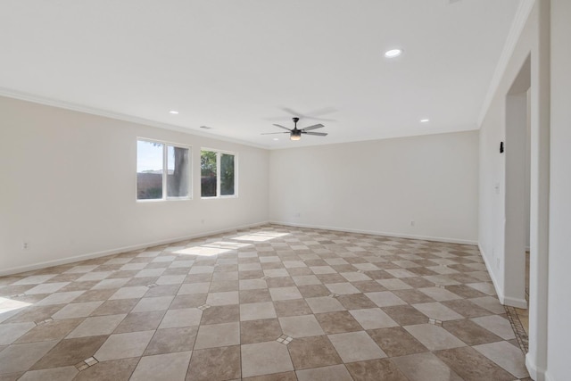 3225 N Mendonca St, Visalia, CA 93291 - spare room with ornamental molding, ceiling fan, baseboards, and recessed lighting