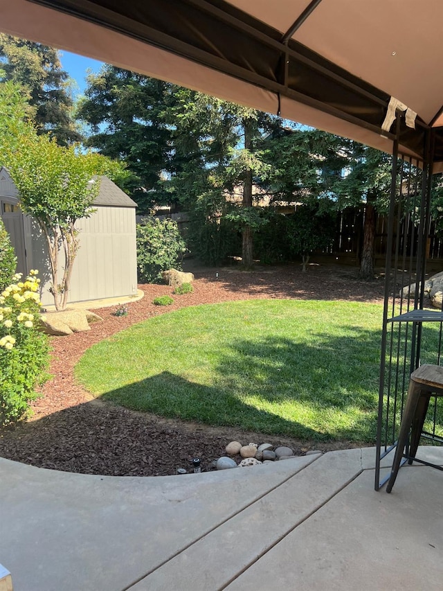 2644 Gibson Ave, Clovis, CA 93611 - view of yard featuring a shed, an outdoor structure, and a patio