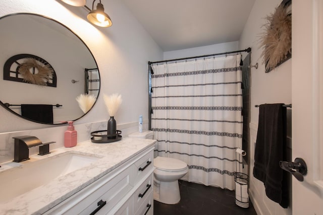 47438 Cheyenne Rd, Coarsegold, CA 93614 - bathroom featuring vanity, toilet, curtained shower, and tile patterned floors