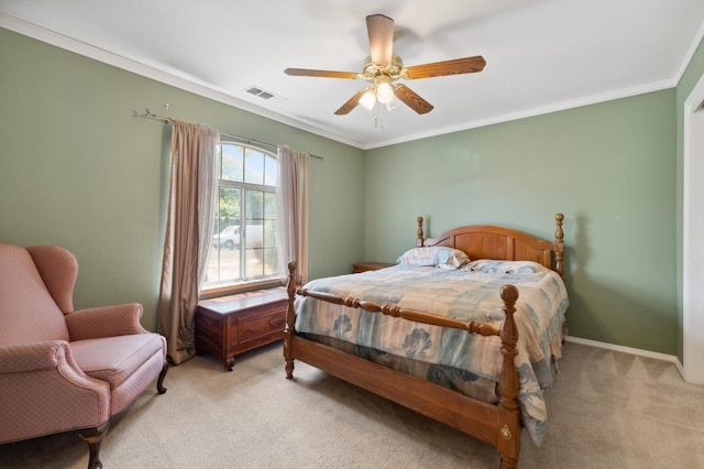 5532 N Cleo Ave, Fresno, CA 93722 - bedroom featuring light carpet, crown molding, a ceiling fan, and baseboards