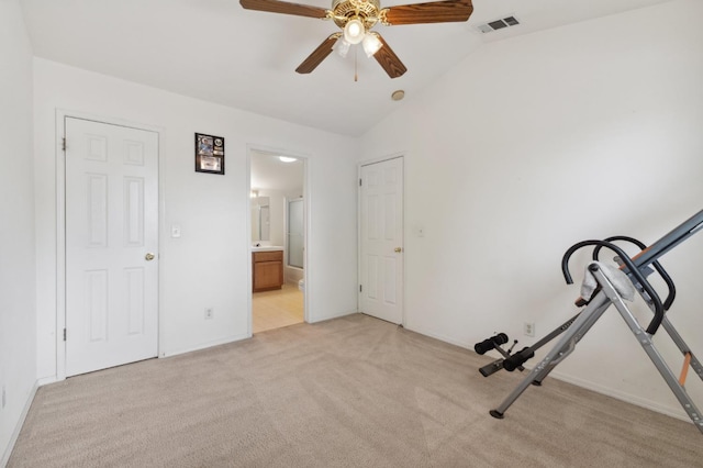 5532 N Cleo Ave, Fresno, CA 93722 - workout area featuring light carpet, a ceiling fan, vaulted ceiling, and baseboards