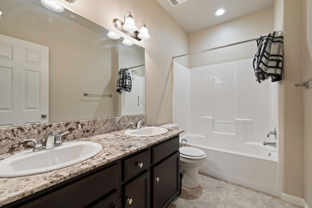 3874 Hampton Way, Clovis, CA 93619 - full bathroom with tile patterned floors, toilet, shower / bath combination, and double vanity