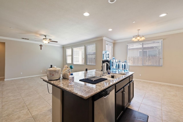 3874 Hampton Way, Clovis, CA 93619 - kitchen with dishwasher, a sink, ornamental molding, a chandelier, and light tile patterned floors