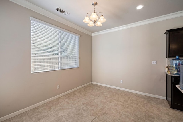 3874 Hampton Way, Clovis, CA 93619 - unfurnished dining area featuring crown molding, a chandelier, baseboards, recessed lighting, and light tile patterned floors