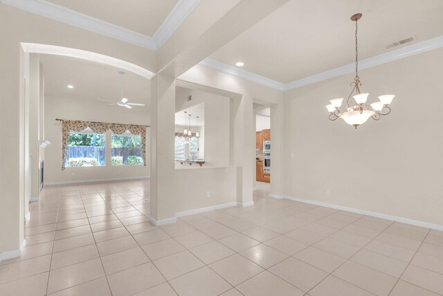 373 W Houston Ave, Clovis, CA 93611 - empty room with a chandelier, ornamental molding, light tile patterned floors, ceiling fan, and recessed lighting