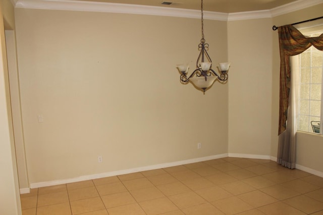 373 W Houston Ave, Clovis, CA 93611 - spare room featuring a chandelier, ornamental molding, baseboards, and light tile patterned flooring