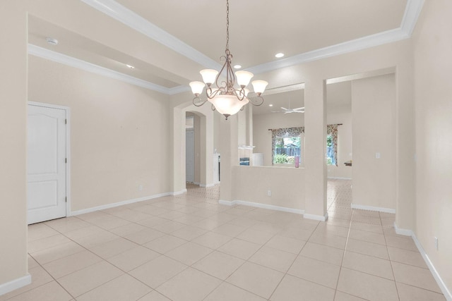 373 W Houston Ave, Clovis, CA 93611 - unfurnished room featuring arched walkways, a chandelier, ornamental molding, light tile patterned floors, and recessed lighting