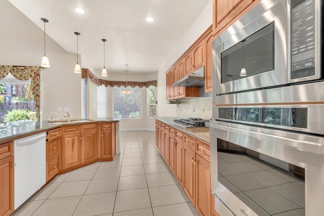 373 W Houston Ave, Clovis, CA 93611 - kitchen featuring stainless steel appliances, backsplash, light stone counters, under cabinet range hood, and recessed lighting