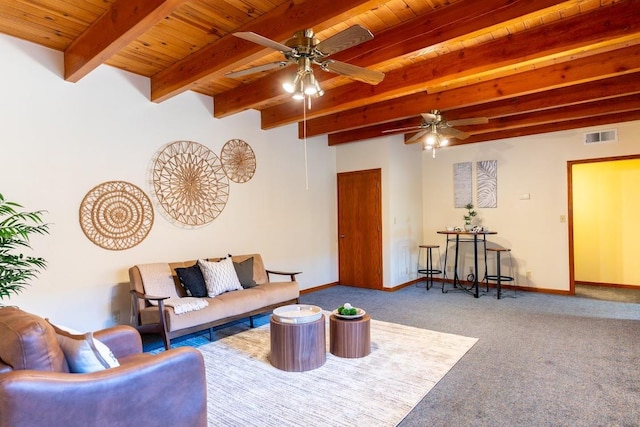 16895 Rd 30 1/2, Madera, CA 93636 - carpeted living area with wood ceiling, beam ceiling, a ceiling fan, and baseboards