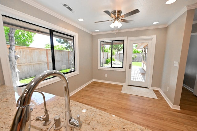 5088 N Forkner Ave, Fresno, CA 93711 - foyer with light wood-style floors, recessed lighting, ornamental molding, and a ceiling fan
