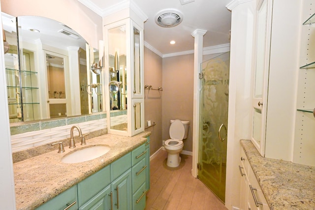 5088 N Forkner Ave, Fresno, CA 93711 - bathroom with ornate columns, crown molding, vanity, wood finished floors, and a stall shower