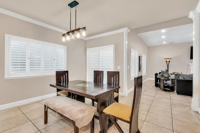 10717 N Bunkerhill Dr, Fresno, CA 93730 - dining space with light tile patterned floors, ornamental molding, baseboards, and recessed lighting