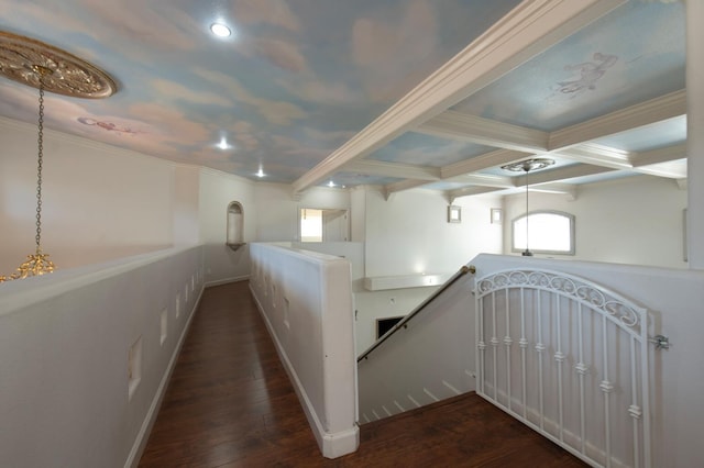 8067 E Belmont Ave, Fresno, CA 93737 - hall featuring an upstairs landing, dark wood-style flooring, beam ceiling, ornamental molding, and recessed lighting