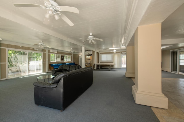8067 E Belmont Ave, Fresno, CA 93737 - living room with healthy amount of natural light, ceiling fan, and carpet floors
