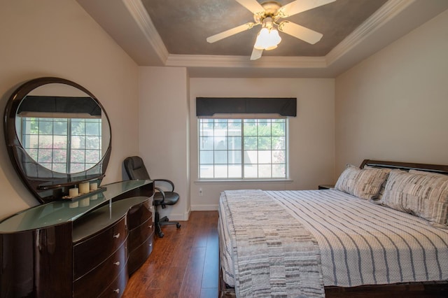 8067 E Belmont Ave, Fresno, CA 93737 - bedroom with a tray ceiling, dark wood finished floors, baseboards, ornamental molding, and a ceiling fan