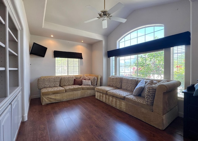 8067 E Belmont Ave, Fresno, CA 93737 - living room with dark wood-style flooring, a ceiling fan, vaulted ceiling, and recessed lighting