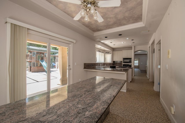 8067 E Belmont Ave, Fresno, CA 93737 - kitchen featuring a tray ceiling, black microwave, ornamental molding, ceiling fan, and arched walkways