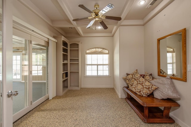 8067 E Belmont Ave, Fresno, CA 93737 - interior space featuring coffered ceiling, beam ceiling, a ceiling fan, baseboards, and carpet floors