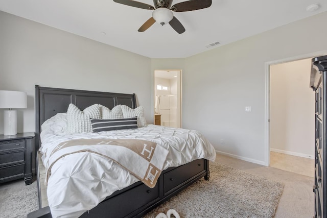 6326 W Sweet Ct, Visalia, CA 93291 - carpeted bedroom featuring baseboards, ceiling fan, and ensuite bathroom