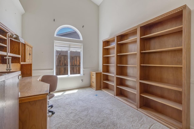 carpeted office featuring a towering ceiling and healthy amount of natural light