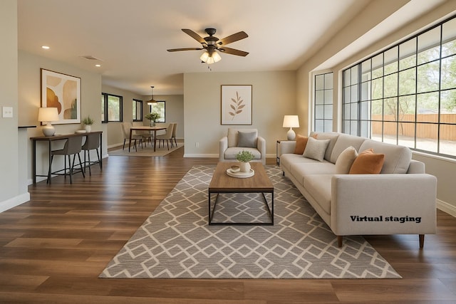41549 Long Hollow Dr, Coarsegold, CA 93614 - living room with baseboards, wood finished floors, a ceiling fan, and recessed lighting