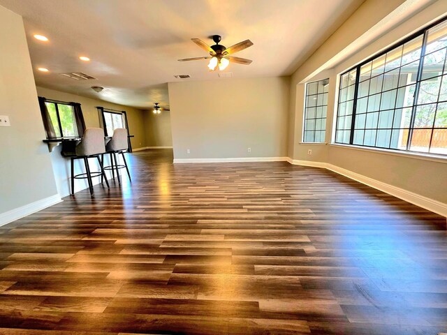 41549 Long Hollow Dr, Coarsegold, CA 93614 - unfurnished room featuring plenty of natural light, recessed lighting, ceiling fan, and dark wood-style floors