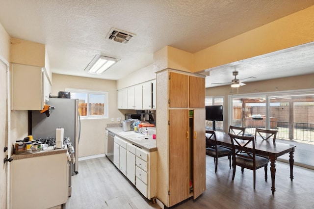 3752 E Saginaw Way, Fresno, CA 93726 - kitchen with dishwasher, a textured ceiling, light wood finished floors, light countertops, and ceiling fan
