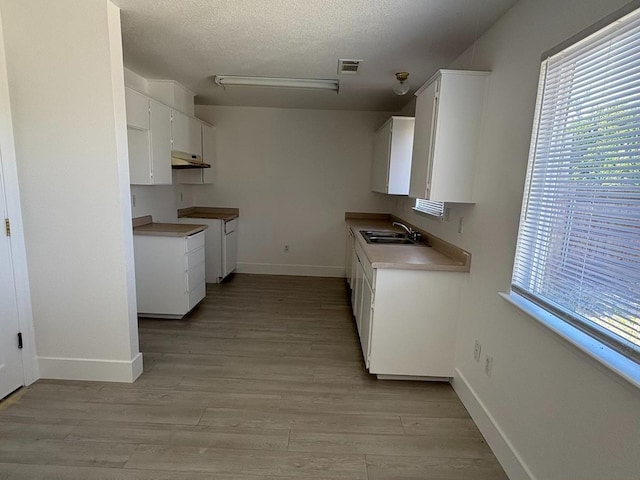 1073 Hickory St, Lindsay, CA 93247 - kitchen featuring a sink, under cabinet range hood, baseboards, light wood-style flooring, and a textured ceiling