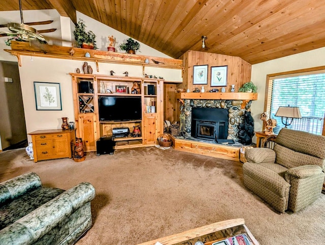 41016 Woodridge Ln, Shaver Lake, CA 93664 - carpeted living area with vaulted ceiling, wood ceiling, and a ceiling fan