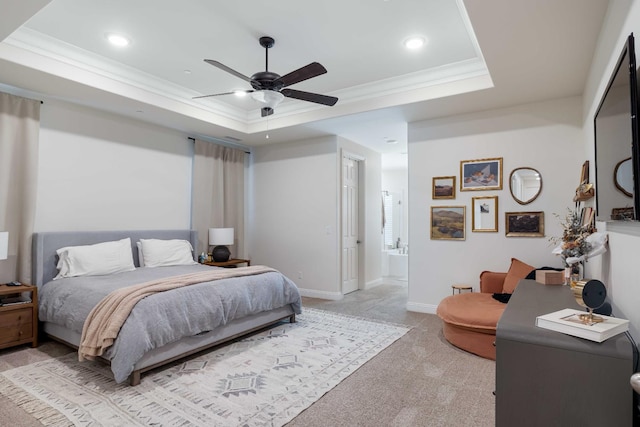 2506 20th Ave, Kingsburg, CA 93631 - bedroom featuring a tray ceiling, crown molding, light colored carpet, recessed lighting, and ensuite bath