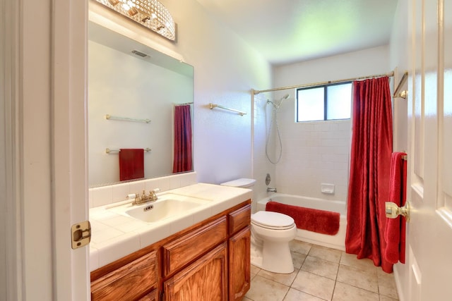 42177 Lone Olive Ln, Ahwahnee, CA 93601 - bathroom featuring toilet, shower / bath combination with curtain, vanity, and tile patterned floors
