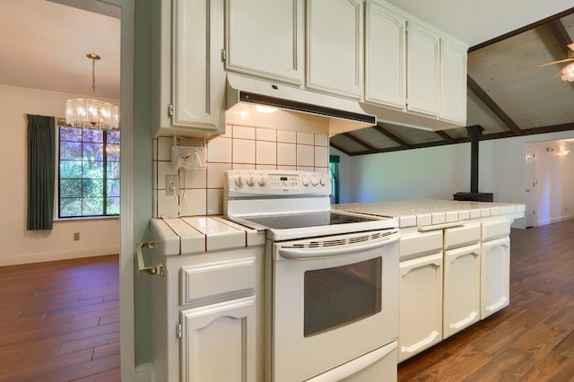 42177 Lone Olive Ln, Ahwahnee, CA 93601 - kitchen featuring electric range, tile counters, under cabinet range hood, and dark wood-style flooring