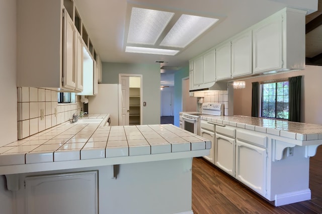 42177 Lone Olive Ln, Ahwahnee, CA 93601 - kitchen featuring a peninsula, white appliances, tile counters, and under cabinet range hood
