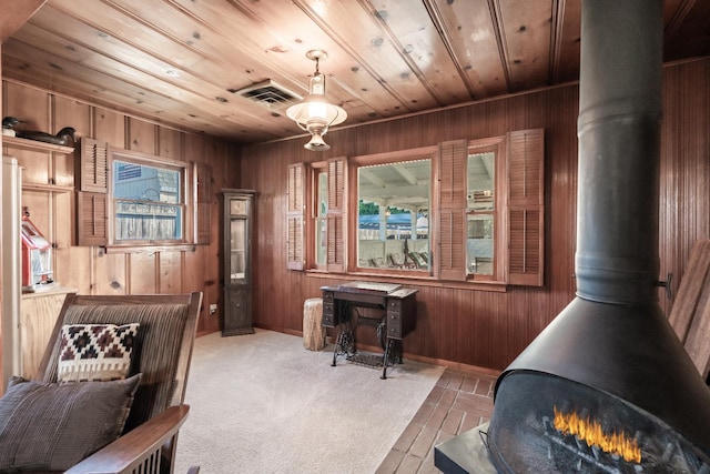 sitting room with a wood stove, wooden walls, healthy amount of natural light, wooden ceiling, and baseboards