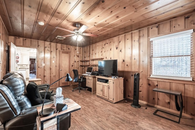 living room with a desk, light wood-style floors, a ceiling fan, wood walls, and wooden ceiling