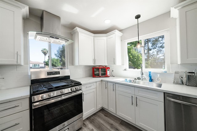 kitchen featuring appliances with stainless steel finishes, wall chimney exhaust hood, white cabinets, tasteful backsplash, and wood finished floors