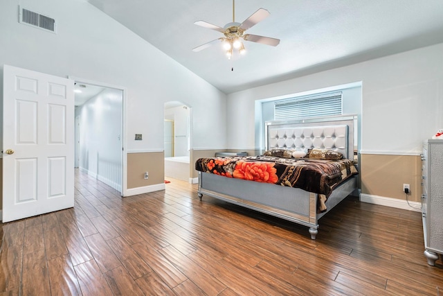 6371 N Babigian Ave, Fresno, CA 93722 - bedroom with arched walkways, wood finished floors, high vaulted ceiling, baseboards, and ceiling fan