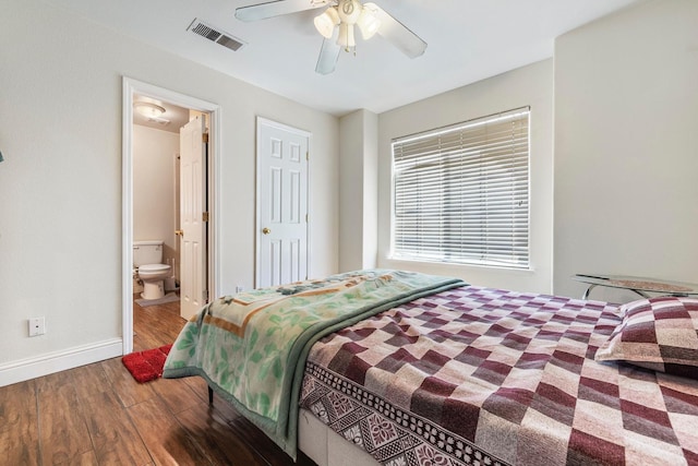 6371 N Babigian Ave, Fresno, CA 93722 - bedroom with wood finished floors, baseboards, ensuite bath, and a ceiling fan