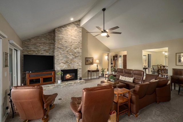 525 E Shelldrake Cir, Fresno, CA 93730 - carpeted living area with a ceiling fan, high vaulted ceiling, and a stone fireplace