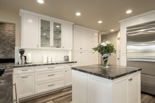 525 E Shelldrake Cir, Fresno, CA 93730 - kitchen featuring stainless steel built in refrigerator, dark wood-style floors, white cabinets, and recessed lighting